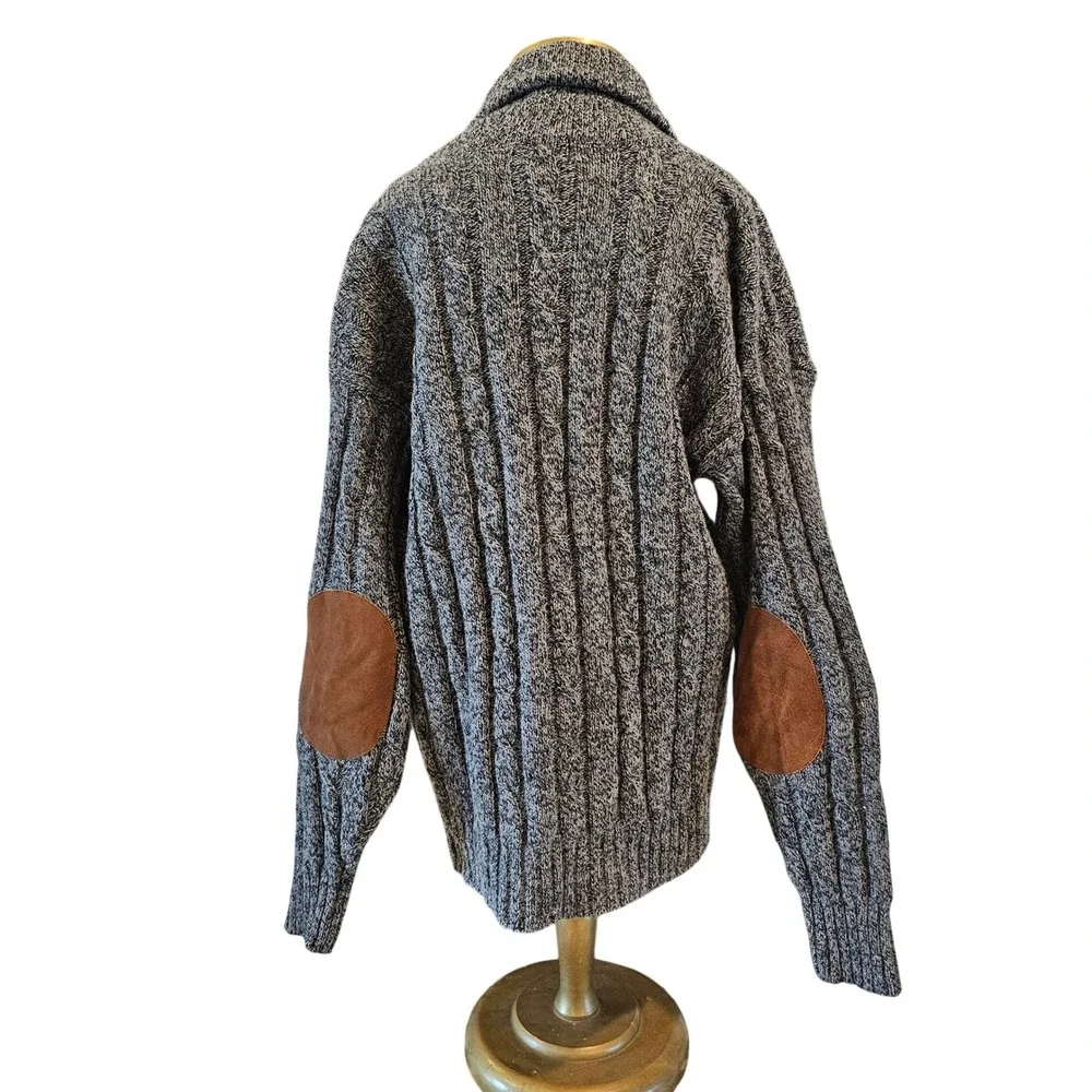 Eddie Bauer Vintage Mens Wool CableKnit Cardigan Shawl Collar Elbow Patch Grey L